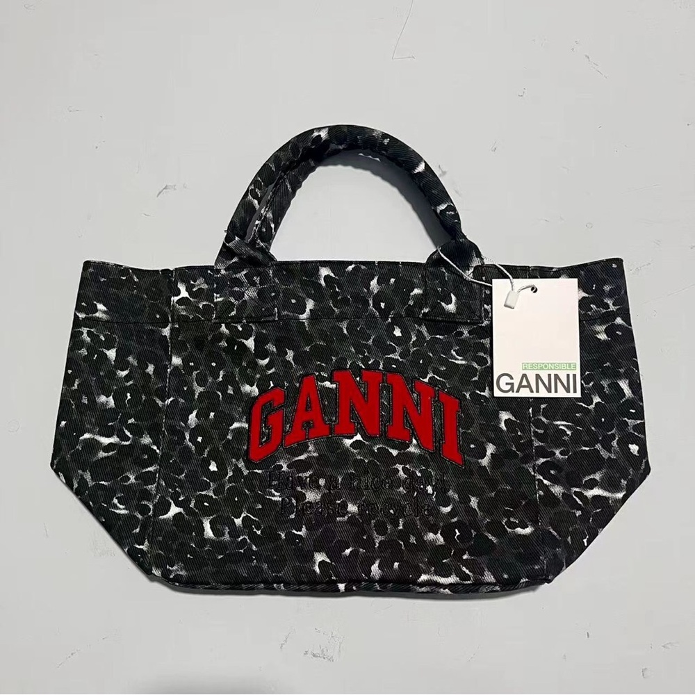 GANNI Black Leopard Print Contrast Red Flocked Embroidered Tote Bag